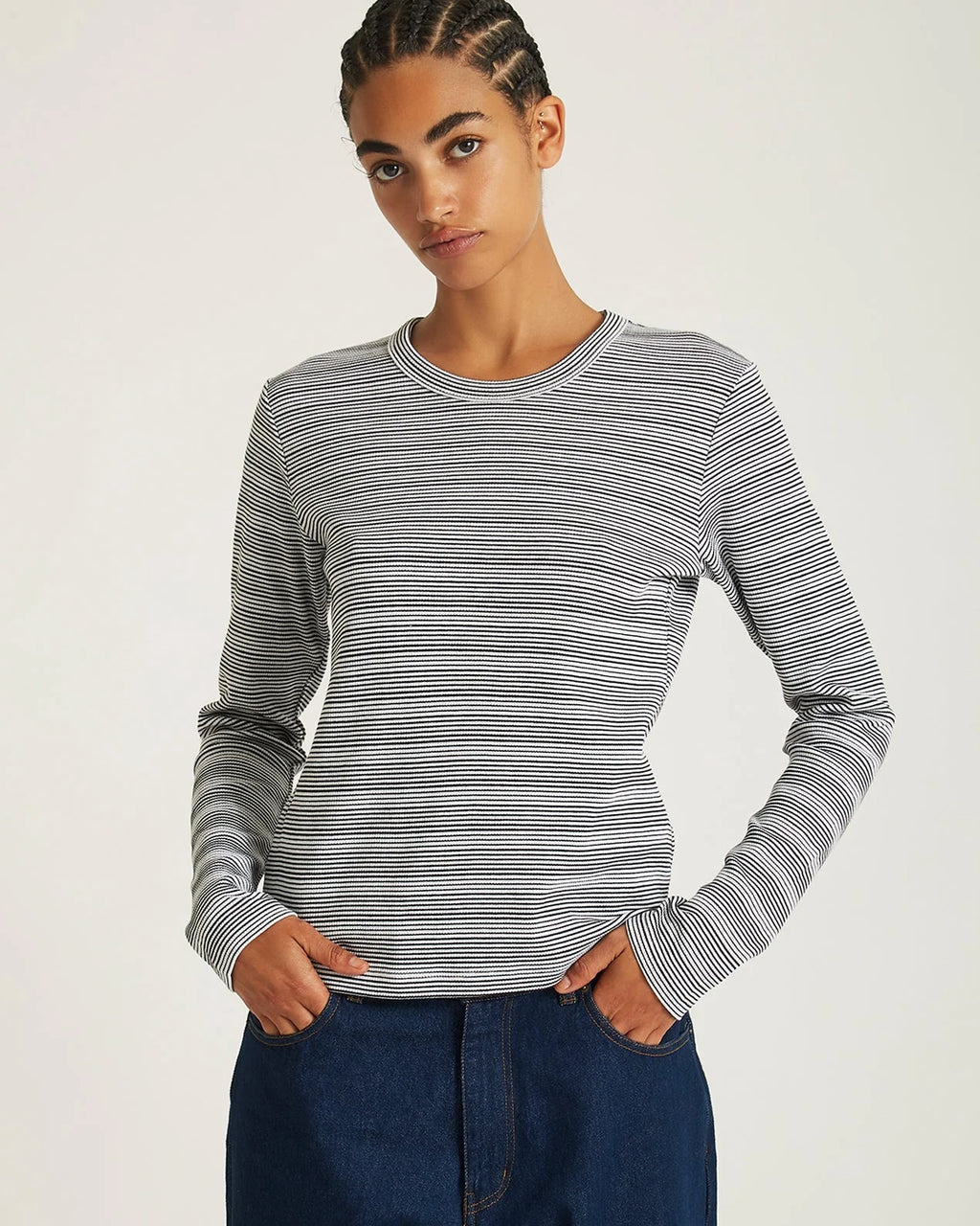 Striped Waffle LS Tee Ivory